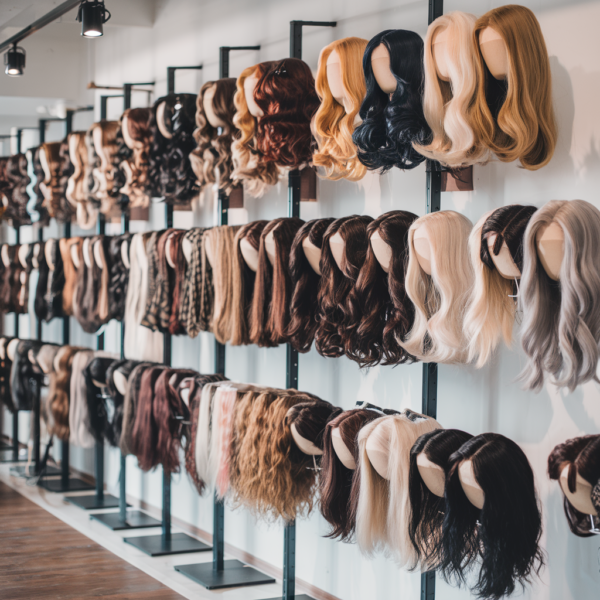 A collection of women’s wigs in various colors and styles displayed neatly on stands in a boutique